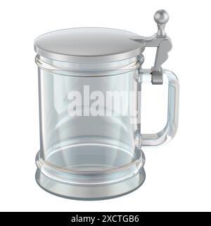 Glass Beer Mug with Flat Lid, 3D rendering isolated on white background Stock Photo