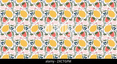 Whimsical seamless pattern adorned with illustrations of white strawberries, raspberries, lemons, blackberries, pink flowers, and green leaves, creati Stock Vector