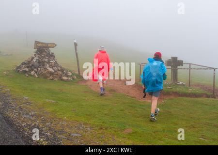 Pilgrim walking over the Pyrenees from St Jean Pied de Port  France in wet and foggy weather on the first stage of the Camino de Santiago Stock Photo