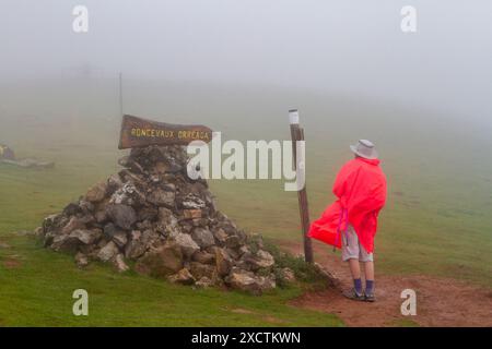 Pilgrim walking over the Pyrenees from St Jean Pied de Port  France in wet and foggy weather on the first stage of the Camino de Santiago Stock Photo