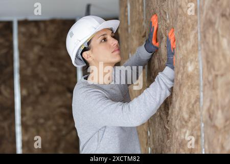 female construction worker installing insulation Stock Photo