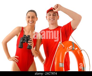 Lifeguards with ring buoy and binoculars isolated on white background Stock Photo