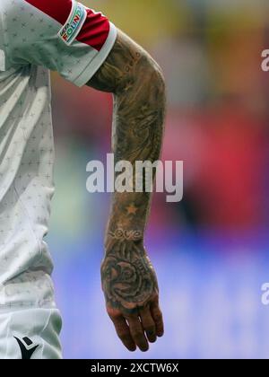 Dortmund, Germany. 18th June, 2024. Tattoo during the UEFA Euro 2024 match between Turkiye and Georgia, Group F, date 1, played at BVB Stadion on June 18, 2024 in Dortmund, Germany. (Photo by Sergio Ruiz/PRESSINPHOTO) Credit: PRESSINPHOTO SPORTS AGENCY/Alamy Live News Stock Photo