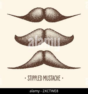 Brown stippled vintage mustache. Curly facial hair. Hipster beard. Stippling, dot drawing and shading, stipple pattern, halftone effect. Vector Stock Vector