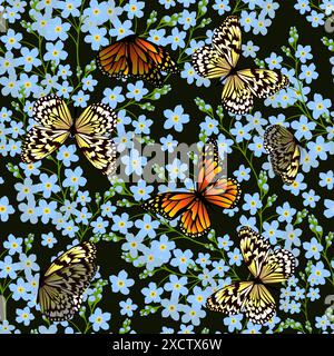 Seamless pattern of blue forget-me-nots with butterflies. Hand drawing. Not AI. Vector illustration Stock Vector