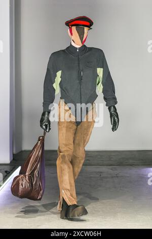 London, UK. 18th June, 2024. Models on the runway for the University of Westminster MA Menswear Show showcasing the collections of 15 designers on the course, held at Ambika P3. Credit: Imageplotter/Alamy Live News Stock Photo