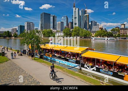 City view with restaurant Bootshaus Frau Rauscher on the Main and the banking district, Main promenade, Germany, Hesse, Frankfurt am Main Stock Photo