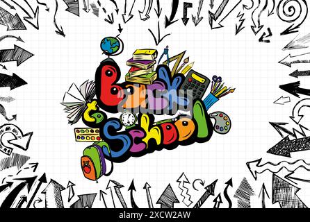 Welcome Back to school horizontal banner, doodle on checkered paper background, vector illustration. Handmade, not AI Vector illustration Stock Vector