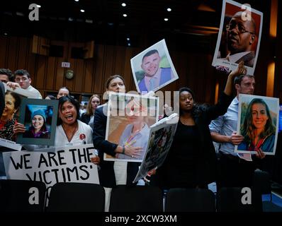 Washington, DC, United States. 18th June, 2024. Clariss Moore of Toronto, Canada and other familly members who lost loved ones in the Boeing Max 8 crashes shout at Boeing CEO Dave Calhoun as he departs the Senate Homeland Security and Governmental Affairs - Subcommittee On Investigations at the Hart Senate Office Building on Tuesday, June 18, 2024 on Capitol Hill. Photo by Jemal Countess/UPI Credit: UPI/Alamy Live News Stock Photo