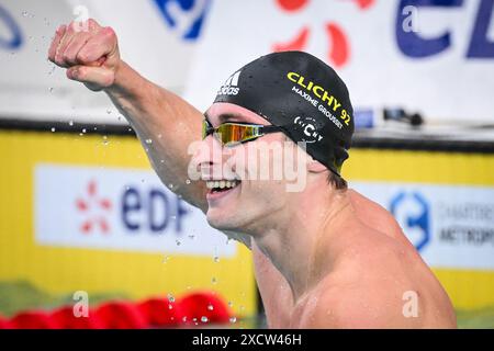 Chartres, France, France. 18th June, 2024. Maxime GROUSSET of France competes and celebrates on Men's 100m Freestyle final during the third of the 2024 French Swimming Championships at Odyssee Aquatic Complex on June 18, 2024 in Chartres, France. (Credit Image: © Matthieu Mirville/ZUMA Press Wire) EDITORIAL USAGE ONLY! Not for Commercial USAGE! Stock Photo