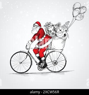 Hand drawn santa claus on riding a bicycle delivering christmas gifts sketch background Stock Vector