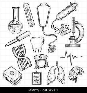 Hand draw medical icon sketch set design Stock Vector