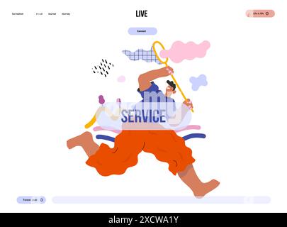 Life Unframed: Cloud catcher -modern flat vector concept illustration of running man with butterfly net. Metaphor of unpredictability, imagination, wh Stock Vector