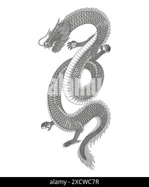 Japanese dragon vector vintage engraving drawing style illustration Stock Vector