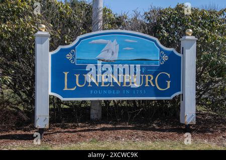 Welcome to the town of Lunenburg sign in Nova Scotia, Canada Stock Photo