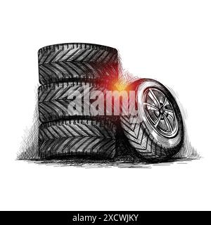Hand draw realistic complete set tire sketch Stock Vector