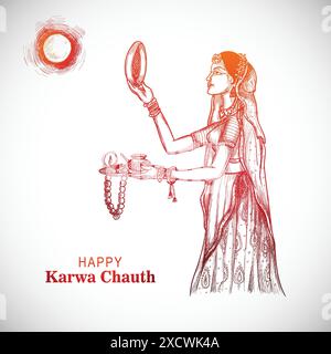 Hnad draw indian woman sketch celebration Karwa chauth festival background Stock Vector