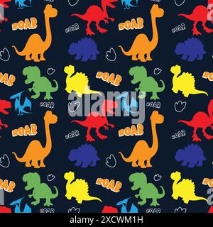 Bright dinosaurs with playful text and shapes Stock Vector