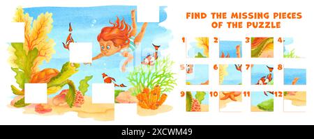 Find the missing puzzle pieces. Educational game for kids with cartoon girl and sea turtle in coral reef. Choose correct element. Finish the picture Stock Photo