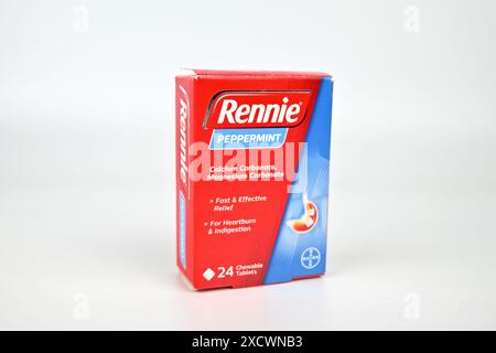 Rennie peppermint antacid tablets box – Wales, UK  – 15 June 2024 Stock Photo