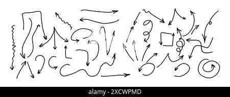 A collection of hand-drawn black arrows doodles in various styles and sizes.  A creative touch to projects. Each arrow is isolated on a white backgrou Stock Vector