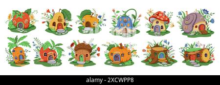 Large set of various fairy houses of gnome or fairy. A house on a green lawn decorated with flowers and leaves. The house has a wooden door and window Stock Vector