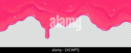 Realistic 3D dripping glossy pink slime with glitter isolated on transparent background. Border of flowing sticky sweet jelly. Vector template of chew Stock Vector