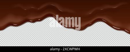 Drops of chocolate glaze drip down from the top. Chocolate icing pours on transparent background.Realistic 3D thick and rich chocolate icing for decor Stock Vector