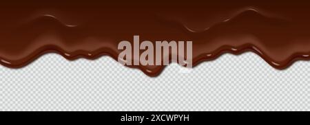 Drops of chocolate glaze drip down from the top. Chocolate icing pours on transparent background.Realistic 3D thick and rich chocolate icing for decor Stock Vector