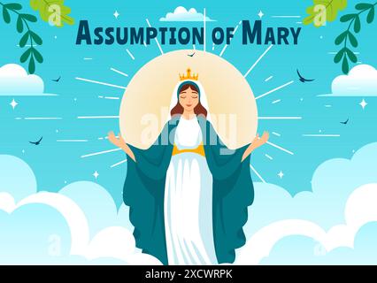 Assumption of Mary Christian Vector Illustration Featuring the Feast of the Blessed Virgin with Doves and Angels in Heaven in a Flat Background Stock Vector