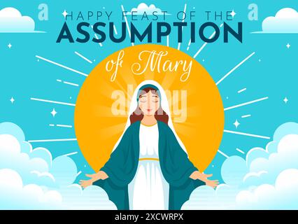 Assumption of Mary Christian Vector Illustration Featuring the Feast of the Blessed Virgin with Doves and Angels in Heaven in a Flat Background Stock Vector