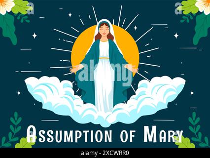 Assumption of Mary Christian Vector Illustration Featuring the Feast of the Blessed Virgin with Doves and Angels in Heaven in a Flat Background Stock Vector