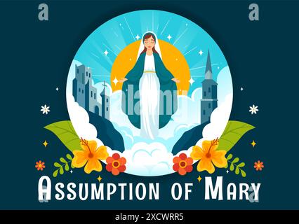 Assumption of Mary Christian Vector Illustration Featuring the Feast of the Blessed Virgin with Doves and Angels in Heaven in a Flat Background Stock Vector