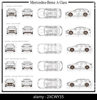 Mercedes Benz Class A 2023 car blueprint collection Stock Vector