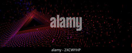 Neon dots and lines in triangular tunnel on black background. Realistic 3d vector illustration of abstract light shine textured triangle fade into perspective distance for futuristic and dj design. Stock Vector