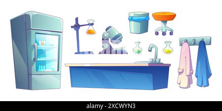 Science laboratory interior furniture and equipment. Cartoon vector set of chemical lab or school tool elements - working desk and fridge with chemistries, glass beaks with liquid and microscope. Stock Vector