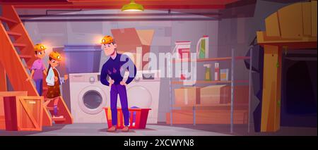 Father and children in basement room with tunnel cartoon. Cellar laundry and storage with rack furniture and box vector illustration. Mining cave entrance inside house storeroom fantasy game design Stock Vector