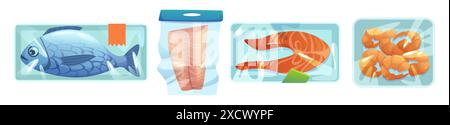Frozen seafood on plastic tray packed with polyethylene transparent wrap for storage in freezer or refrigerator. Cartoon vector whole fish, steak and fillet, shrimps in sealer clingfilm container. Stock Vector