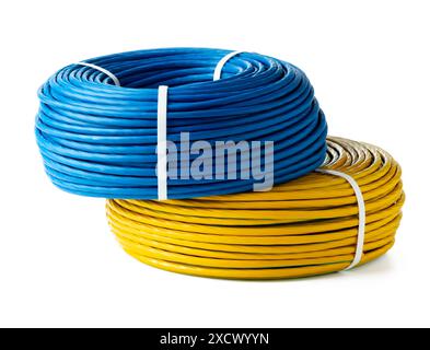 Blue And Yellow Electrical Wire Spools Isolated On White Background Stock Photo