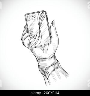 Hand drawn sketch of human right hand using or smart mobile phone Stock Vector