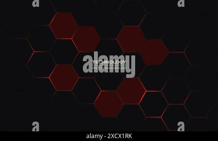 Dark hexagon gaming abstract vector background with red colored bright flashes. Stock Vector