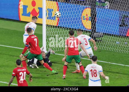 Robin Hranac of Czech Republic and Goalkeeper Jindrich Stanek of Czech Republic scores an own goal to make it 1-1 during the UEFA Euro 2024, Group F, football match between Portugal and Czechia (Czech Republic) on June 18, 2024 at Red Bull Arena in Leipzig, Germany Stock Photo