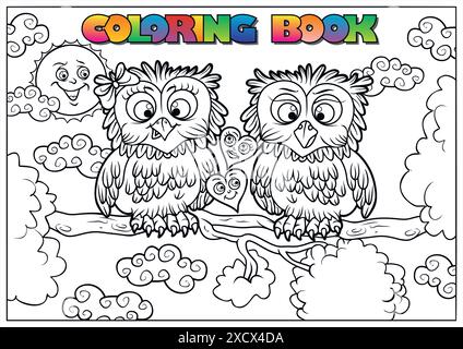 Black and white drawing of two owls in love, sitting on a tree branch, ready to be colored Stock Vector