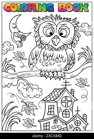 Black and white illustration of a funny owl sitting on a branch near a haunted house for a coloring book activity. Stock Vector