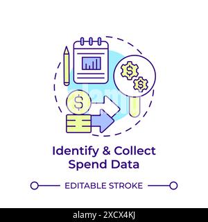 Identify and collect spend data multi color concept icon Stock Vector