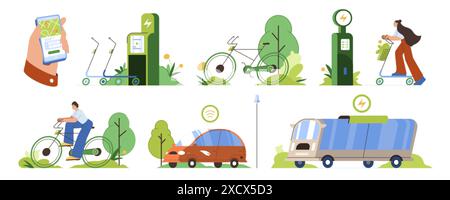 Set of eco friendly public transport. Sustainable transportation concept. Electric car, scooter, bicycle and charging station flat vector illustration. Vehicle or bike rental service using mobile app. Stock Vector