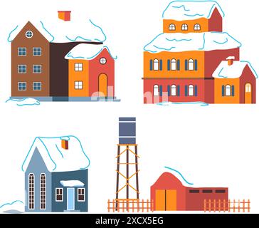 Vector illustration houses in the snow. Design element for postcard ...