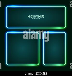 Glowing neon banners, illuminated colorful square frames. Shiny vibrant border, glow effect. Azure vintage retro lights, night illumination. Modern Stock Vector