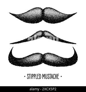 Stippled vintage mustache. Curly facial hair. Hipster beard. Stippling, dot drawing and shading, stipple pattern, halftone effect. Vector illustration Stock Vector