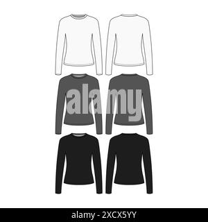 Womens Long Sleeve T Shirt Fashion Flat Sketch Long Sleeve Apparel Template Long sleeve round neck t shirt overall technical fashion flat sketch vector Stock Vector